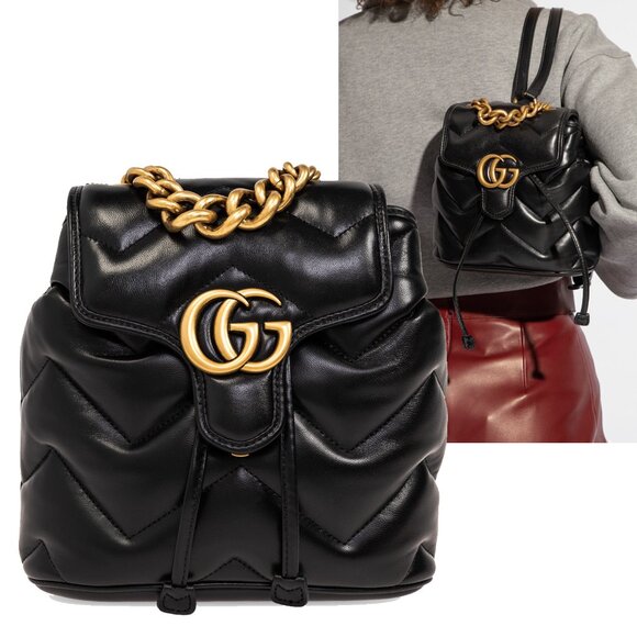 GUCCI BAG 777253 GG MARMONT LOGO BACKPACK BLACK QUILTED LEATHER - Picture 1 of 16